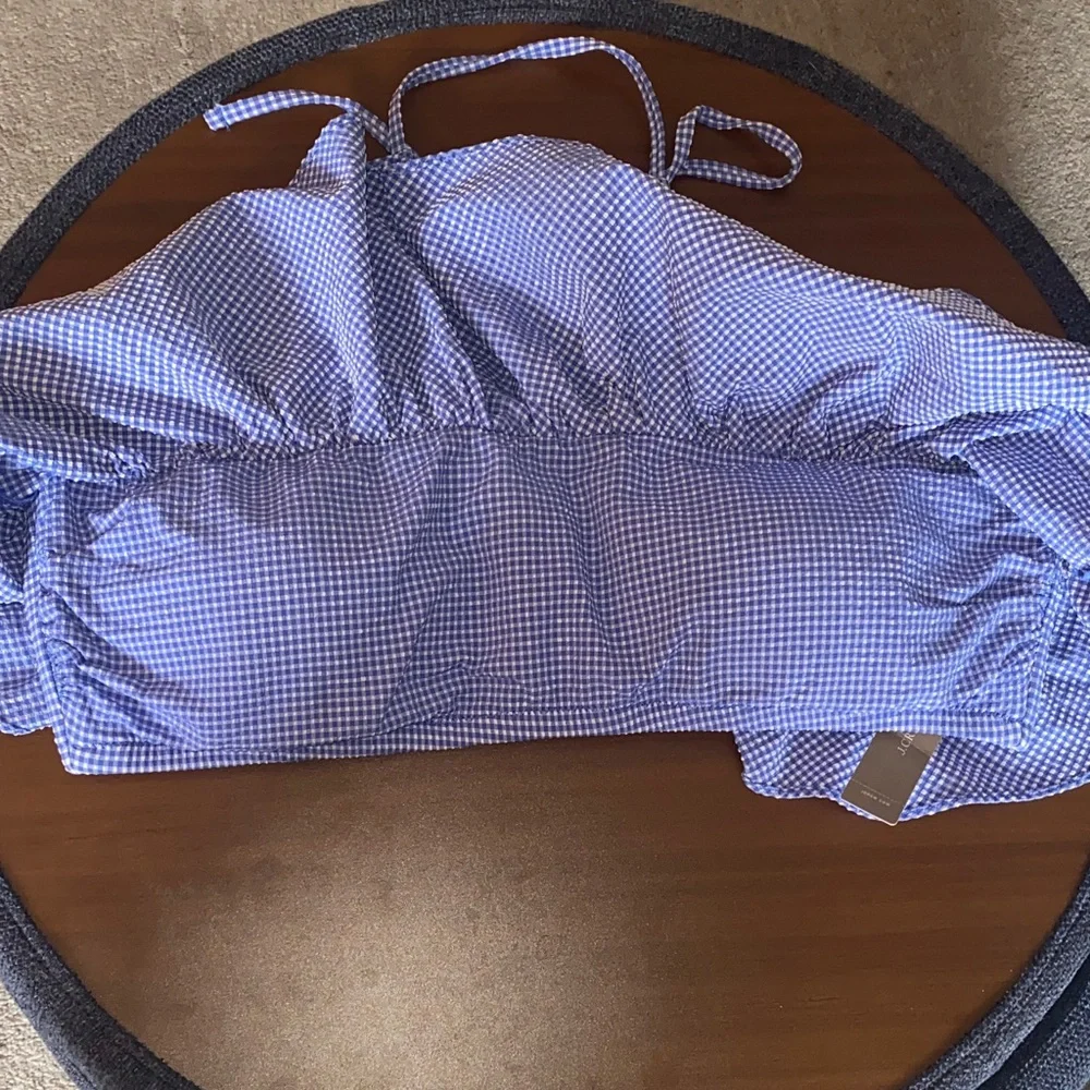 J. Crew Blue & White Ruffle bandeau bikini top in tiny gingham. Size XL.